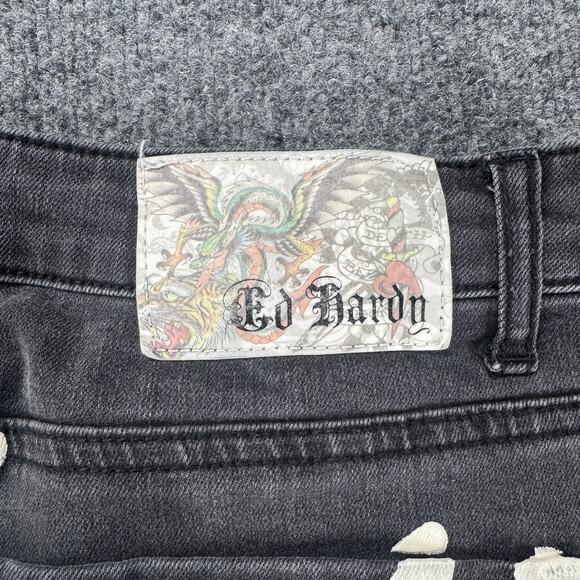 Y2K Ed Hardy Love Kills Slowly Black Wide Leg Baggy Embroidered Jeans Size 30 - Picture 3 of 9
